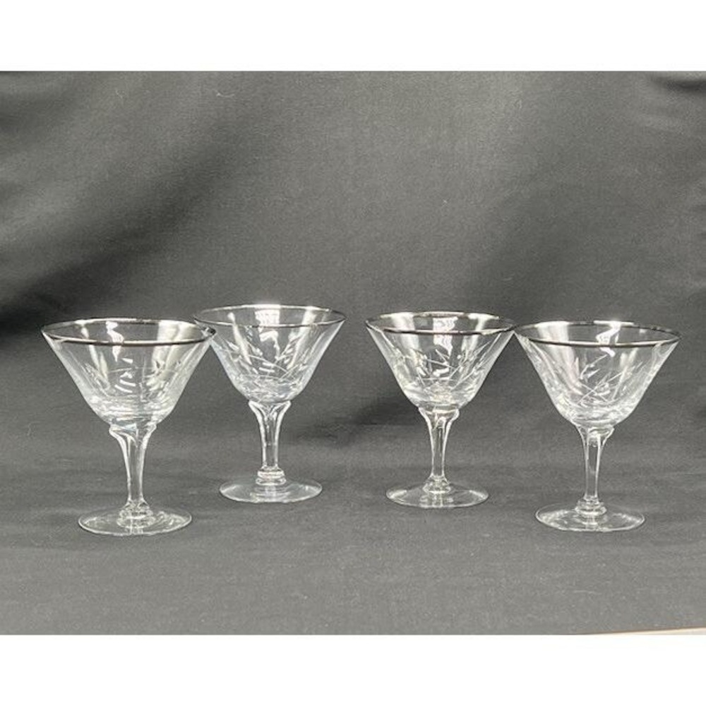 Four Fostoria Bridal Belle Crystal Martini Glasses Platinum‎ Rim Etched Vintage